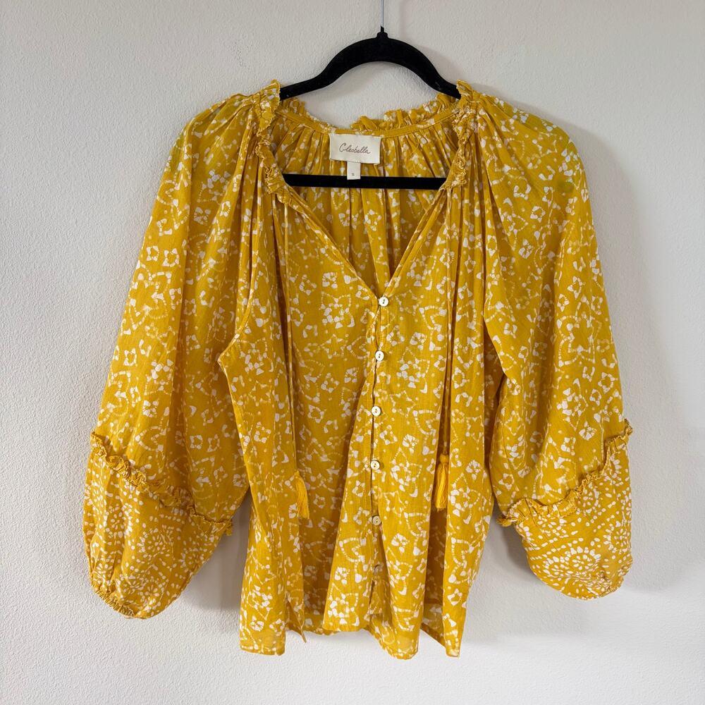 Cleobella Lyra Yellow White Puff Sleeve Blouse (S)